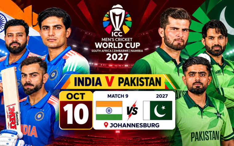 भारत और पाकिस्तान के क्रिकेट खिलाड़ी 2027 वनडे वर्ल्ड कप में मुकाबले के दौरान